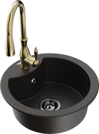 Mexen Diego Granitspüle 1-becken mit Küchenarmatur Savita, schwarz/gold metallic - 6512-75-672601-50-B