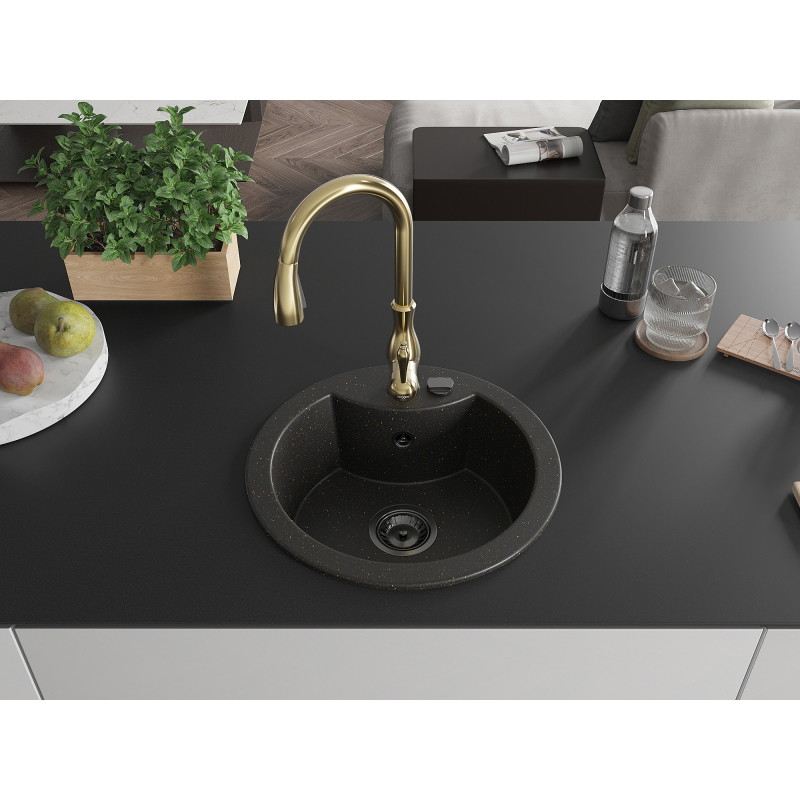 Mexen Diego Granitspüle 1-beckig mit Küchenarmatur Savita, schwarz/gold metallic - 6512-75-672601-50-B