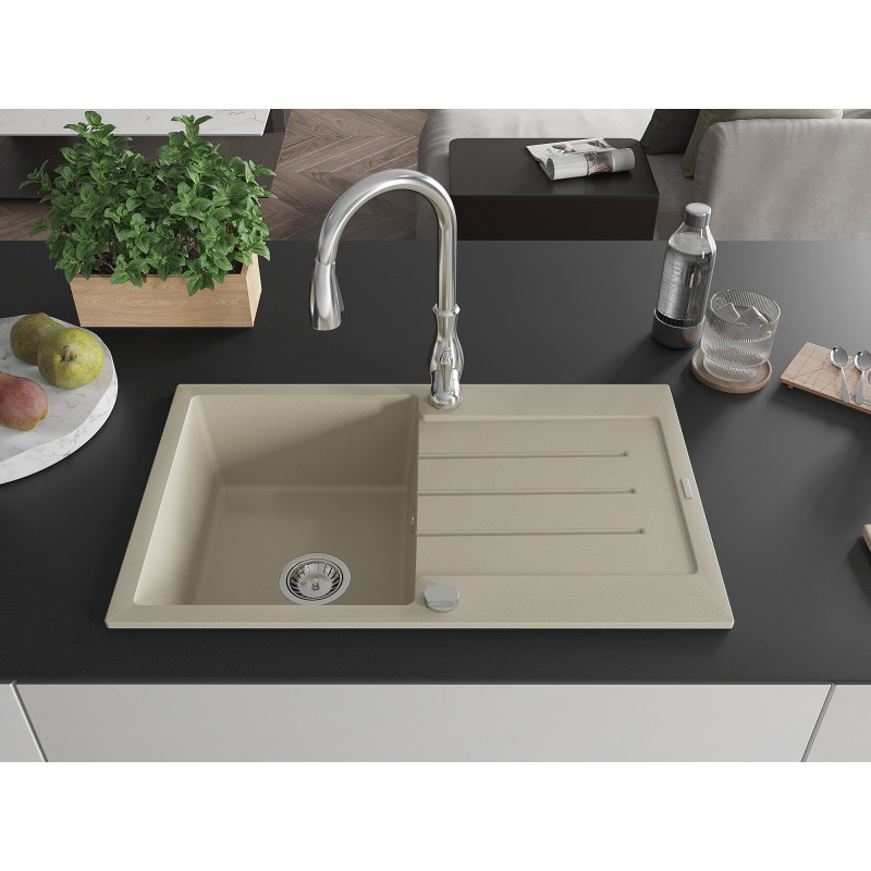 Mexen Bruno Granitspüle 1-beckig mit Ablage und Küchenarmatur Savita, beige - 6513-69-672601-00