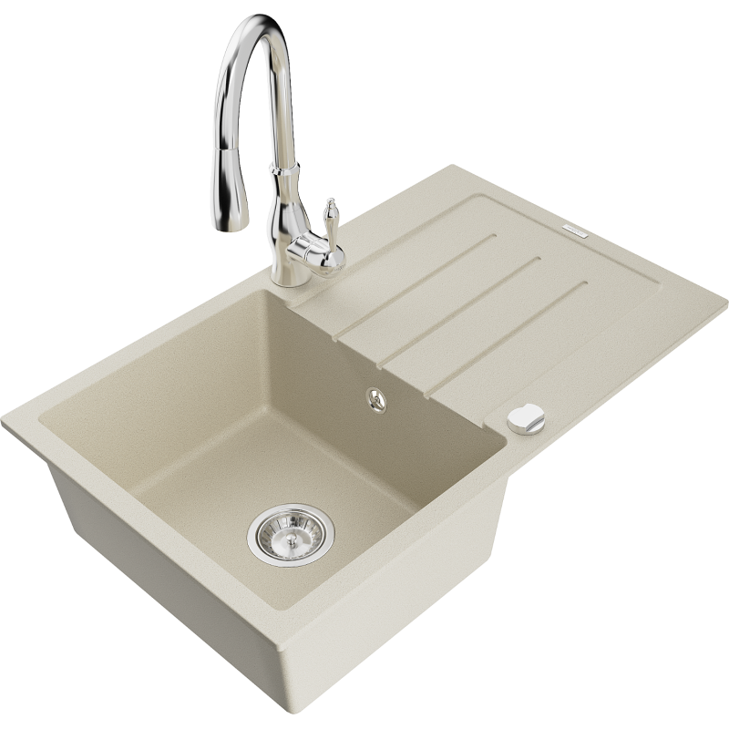 Mexen Bruno Granitspüle 1-beckig mit Abtropffläche und Savita Küchenarmatur, beige - 6513-69-672601-00