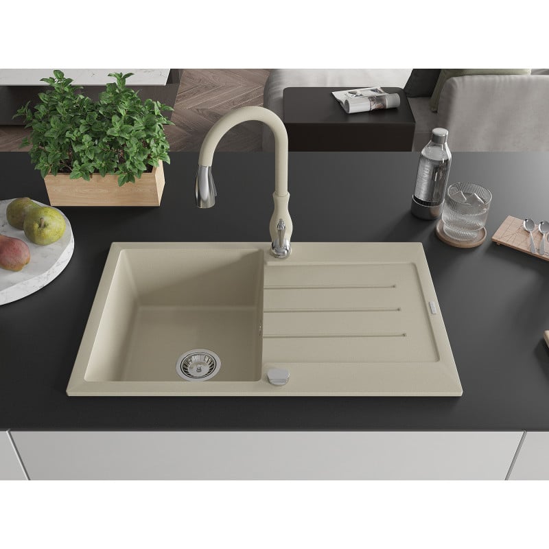 Mexen Bruno Granitspüle 1-Becken mit Abtropffläche und Küchenarmatur Savita, beige - 6513-69-672601-69