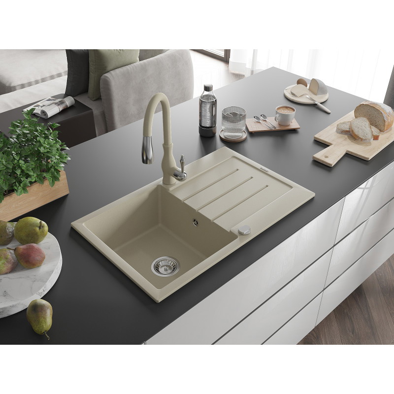 Mexen Bruno Granitspüle 1-Becken mit Abtropffläche und Küchenarmatur Savita, beige - 6513-69-672601-69