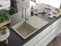 Mexen Bruno Granitspüle 1-Becken mit Abtropffläche und Küchenarmatur Savita, beige - 6513-69-672601-69
