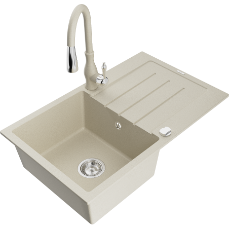 Mexen Bruno Granitspüle 1-Becken mit Abtropffläche und Küchenarmatur Savita, beige - 6513-69-672601-69