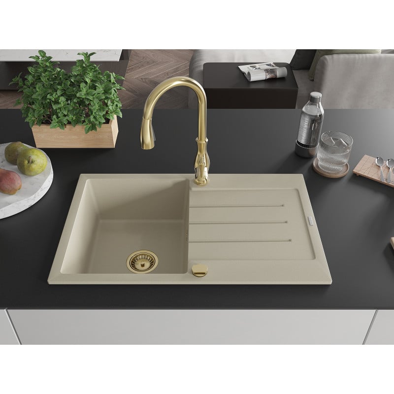 Mexen Bruno Granitspüle 1-beckig mit Abtropffläche und Küchenarmatur Savita, beige - 6513-69-672601-50