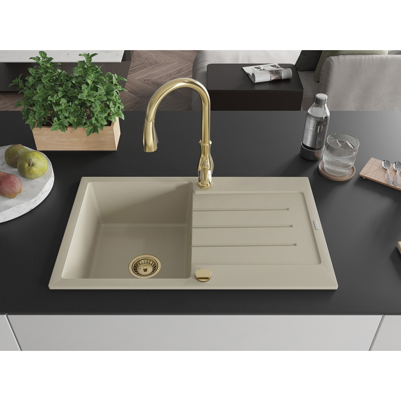 Mexen Bruno Granitspüle mit 1 Becken, Abtropffläche und Küchenarmatur Savita, beige - 6513-69-672601-50