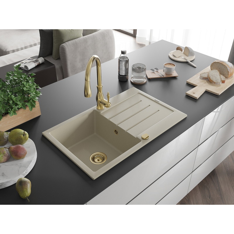 Mexen Bruno 1-becken Granitspüle mit Abtropffläche und Küchenarmatur Savita, beige - 6513-69-672601-50