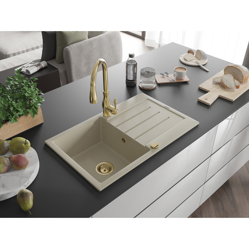 Mexen Bruno Granitspüle 1-beckig mit Abtropffläche und Küchenarmatur Savita, beige - 6513-69-672601-50