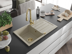 Mexen Bruno Granitspüle 1-beckig mit Abtropffläche und Küchenarmatur Savita, beige - 6513-69-672601-50