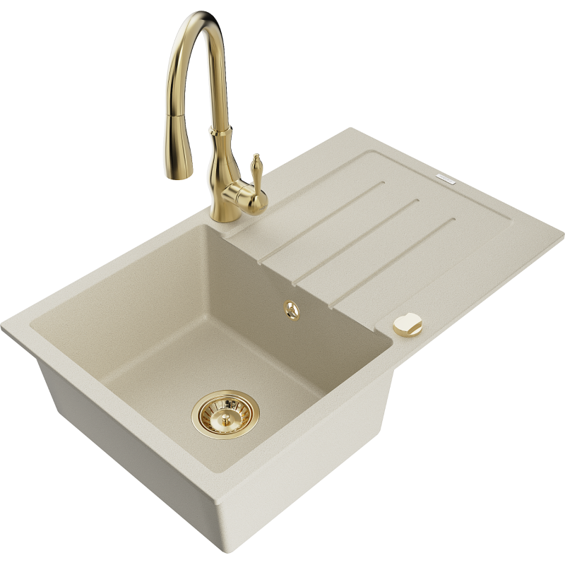 Mexen Bruno Granitspüle 1-beckig mit Abtropffläche und Küchenarmatur Savita, beige - 6513-69-672601-50