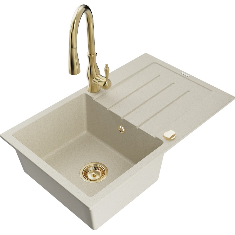 Mexen Bruno Granitspüle mit 1 Becken, Abtropffläche und Küchenarmatur Savita, beige - 6513-69-672601-50