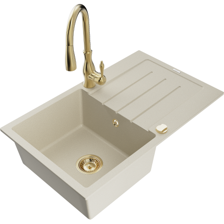 Mexen Bruno Granitspüle 1-beckig mit Abtropffläche und Küchenarmatur Savita, beige - 6513-69-672601-50
