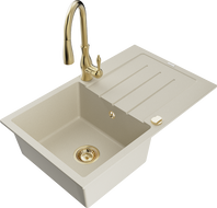 Mexen Bruno Granitspüle 1-beckig mit Abtropffläche und Küchenarmatur Savita, beige - 6513-69-672601-50