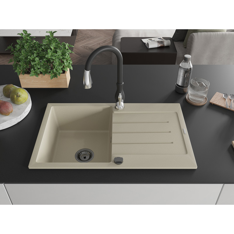 Mexen Bruno Granitspüle 1-Becken mit Abtropffläche und Küchenarmatur Savita, beige - 6513-69-672601-70