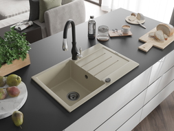 Mexen Bruno Granitspüle 1-Becken mit Abtropffläche und Küchenarmatur Savita, beige - 6513-69-672601-70