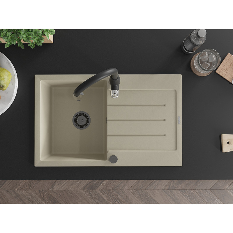 Mexen Bruno Granitspüle 1-Becken mit Abtropffläche und Küchenarmatur Savita, beige - 6513-69-672601-70