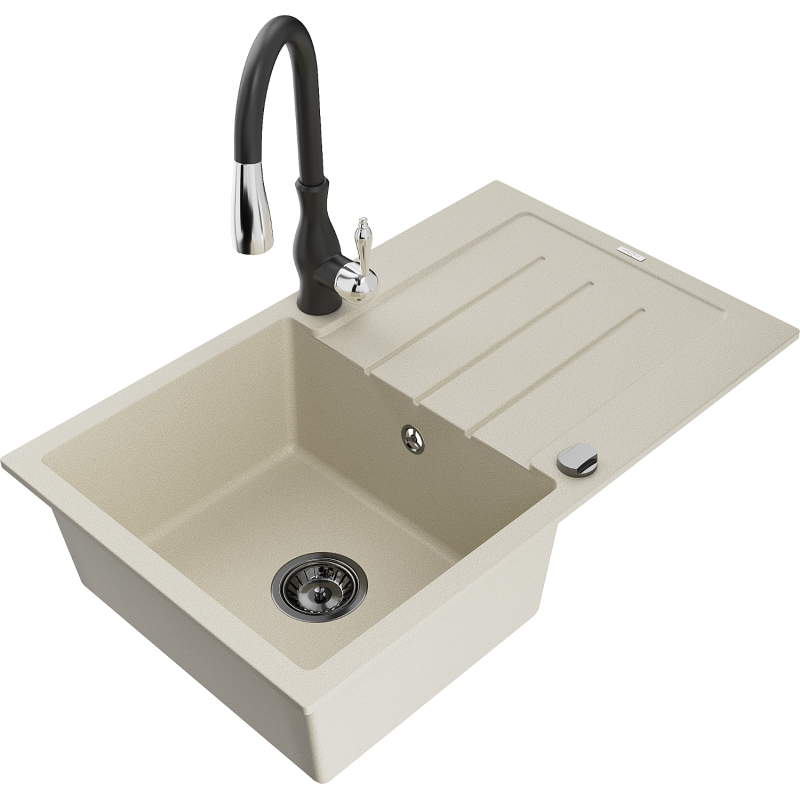 Mexen Bruno Granitspüle 1-Becken mit Abtropffläche und Küchenarmatur Savita, beige - 6513-69-672601-70