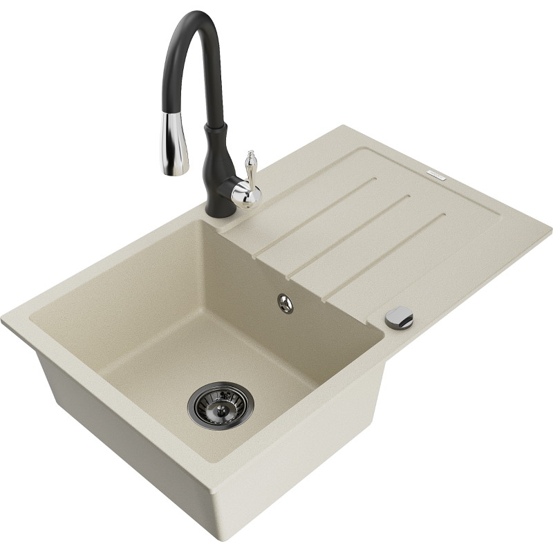Mexen Bruno Granitspüle 1-beckig mit Abtropffläche und Küchenarmatur Savita, beige - 6513-69-672601-70