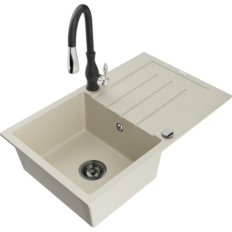Mexen Bruno Granitspüle 1-Becken mit Abtropffläche und Küchenarmatur Savita, beige - 6513-69-672601-70