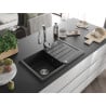 Mexen Bruno Granitspüle 1-Becken mit Abtropffläche und Küchenarmatur Savita, schwarz/silber metallic - 6513-73-672601-00