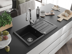 Mexen Bruno Granitspüle 1-Becken mit Abtropffläche und Küchenarmatur Savita, schwarz/silber metallic - 6513-73-672601-00