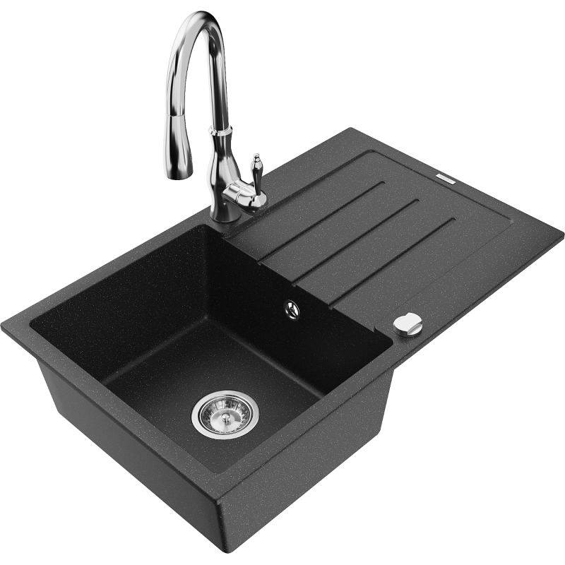 Mexen Bruno Granitspüle 1-Becken mit Abtropffläche und Küchenarmatur Savita, schwarz/silber metallic - 6513-73-672601-00