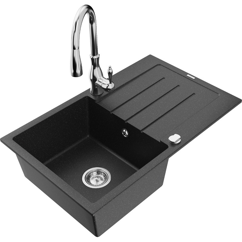 Mexen Bruno Granitspüle 1-beckig mit Abtropffläche und Küchenarmatur Savita, schwarz/silbermetallic - 6513-73-672601-00