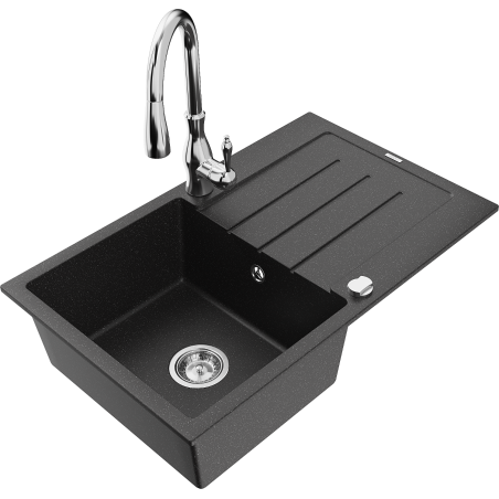 Mexen Bruno Granitspüle 1-Becken mit Abtropffläche und Küchenarmatur Savita, schwarz/silber metallic - 6513-73-672601-00