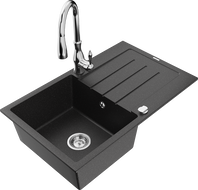 Mexen Bruno Granitspüle 1-Becken mit Abtropffläche und Küchenarmatur Savita, schwarz/silber metallic - 6513-73-672601-00