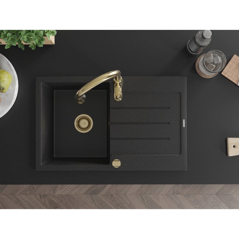Mexen Bruno Granitspüle 1-beckig mit Abtropffläche und Küchenarmatur Savita, schwarz/silber metallic - 6513-73-672601-50