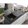 Mexen Bruno Granitspüle 1-beckig mit Abtropffläche und Küchenarmatur Savita, schwarz/silber metallic - 6513-73-672601-50