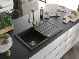 Mexen Bruno Granitspüle 1-beckig mit Abtropffläche und Küchenarmatur Savita, schwarz/silber metallic - 6513-73-672601-50