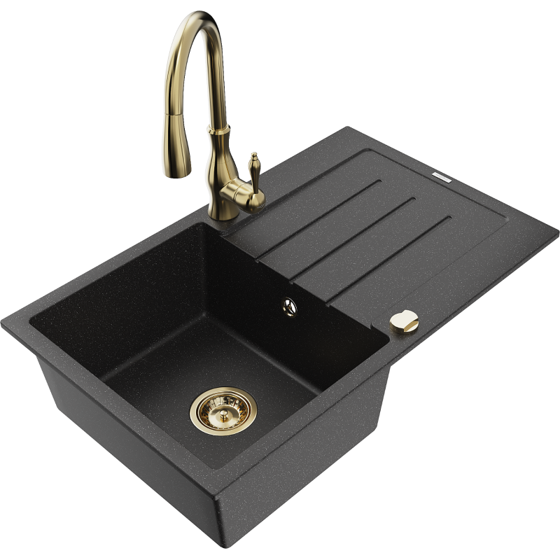 Mexen Bruno Granitspüle 1-beckig mit Abtropffläche und Küchenarmatur Savita, schwarz/silber metallic - 6513-73-672601-50