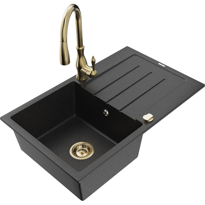 Mexen Bruno Granitspüle einteilig mit Abtropffläche und Küchenarmatur Savita, schwarz/silber metallic - 6513-73-672601-50