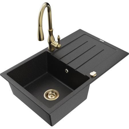 Mexen Bruno Granitspüle 1-beckig mit Abtropffläche und Küchenarmatur Savita, schwarz/silber metallic - 6513-73-672601-50