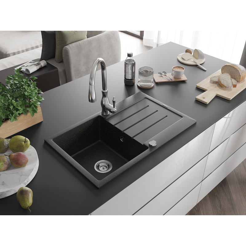 Mexen Bruno Granitspüle 1-beckig mit Abtropffläche und Küchenarmatur Savita, schwarz/gold metallic - 6513-75-672601-00