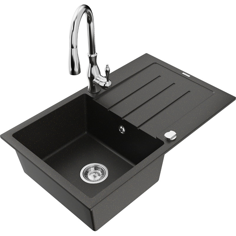 Mexen Bruno Granitspüle 1-Becken mit Abtropffläche und Küchenarmatur Savita, schwarz/gold metallic - 6513-75-672601-00