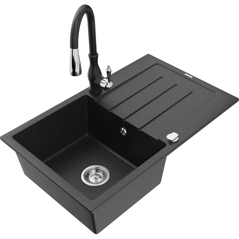 Mexen Bruno Granitspüle 1-Becken mit Abtropffläche und Küchenarmatur Savita, schwarz/silber metallic - 6513-73-672601-70