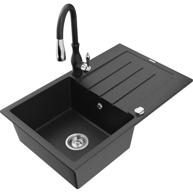 Mexen Bruno Granitspüle 1-beckig mit Abtropffläche und Küchenarmatur Savita, schwarz/silber metallic - 6513-73-672601-70