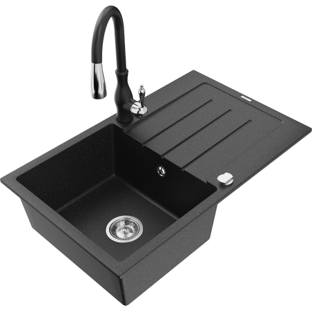 Mexen Bruno Granitspüle 1-Becken mit Abtropffläche und Küchenarmatur Savita, schwarz/silber metallic - 6513-73-672601-70