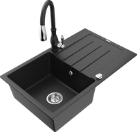 Mexen Bruno Granitspüle 1-Becken mit Abtropffläche und Küchenarmatur Savita, schwarz/silber metallic - 6513-73-672601-70