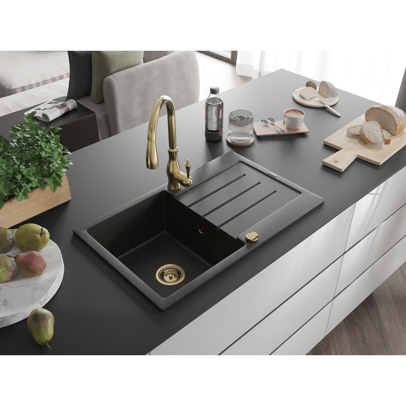 Mexen Bruno Granitspüle 1-Becken mit Abtropffläche und Küchenarmatur Savita, schwarz/gold metallic - 6513-75-672601-50