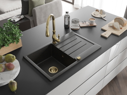 Mexen Bruno Granitspüle 1-Becken mit Abtropffläche und Küchenarmatur Savita, schwarz/gold metallic - 6513-75-672601-50