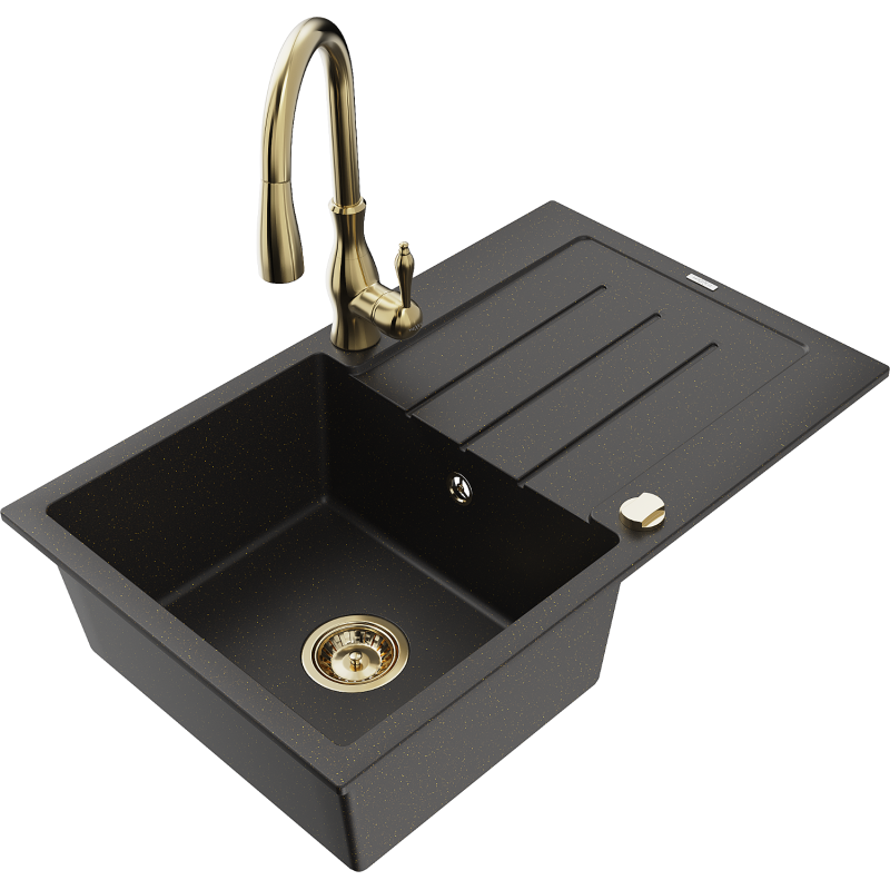 Mexen Bruno Granitspüle 1-Becken mit Abtropffläche und Küchenarmatur Savita, schwarz/gold metallic - 6513-75-672601-50