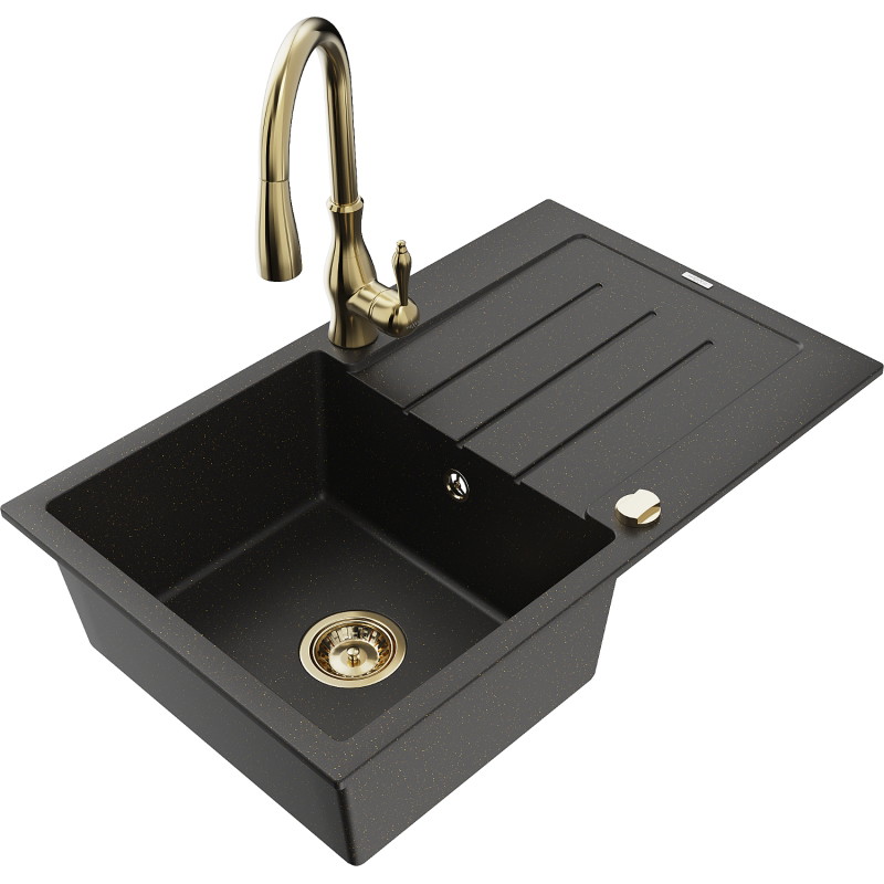 Mexen Bruno Granitspüle 1-Becken mit Abtropffläche und Küchenarmatur Savita, schwarz/goldener Metallic - 6513-75-672601-50