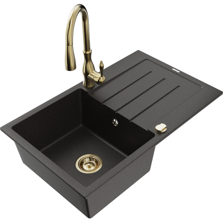 Mexen Bruno Granitspüle 1-Becken mit Abtropffläche und Küchenarmatur Savita, schwarz/gold metallic - 6513-75-672601-50