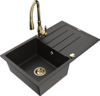 Mexen Bruno Granitspüle 1-Becken mit Abtropffläche und Küchenarmatur Savita, schwarz/gold metallic - 6513-75-672601-50
