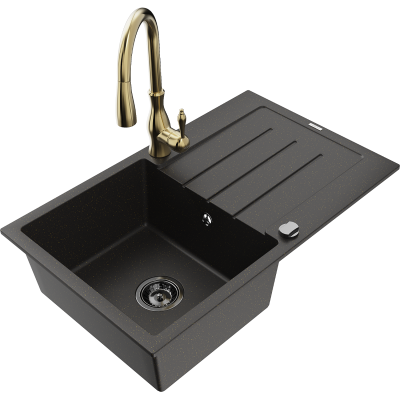 Mexen Bruno Granitspüle 1-Becken mit Abtropffläche und Küchenarmatur Savita, schwarz/goldener Metallic - 6513-75-672601-50-B