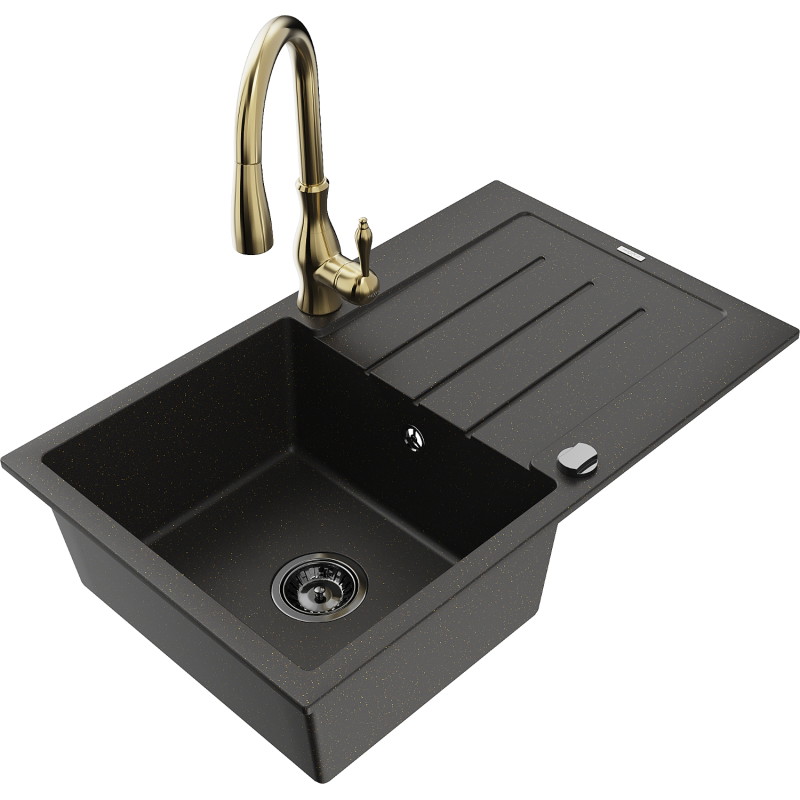 Mexen Bruno Granitspüle 1-beckig mit Abtropffläche und Küchenarmatur Savita, schwarz/gold metallic - 6513-75-672601-50-B