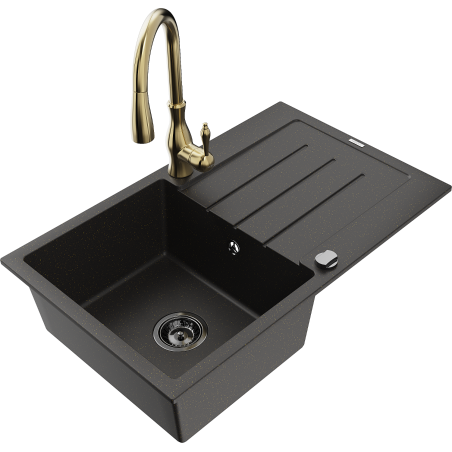 Mexen Bruno Granitspüle 1-Becken mit Abtropffläche und Küchenarmatur Savita, schwarz/goldener Metallic - 6513-75-672601-50-B